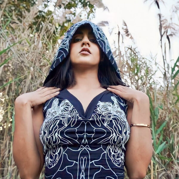 Black Astral hooded dress with a white print