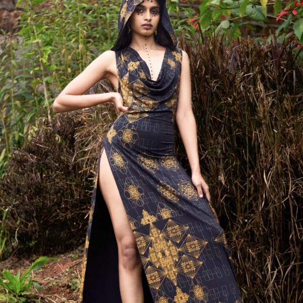 'Truth Angels' long, hooded, slitted dress (slit on both sides), black